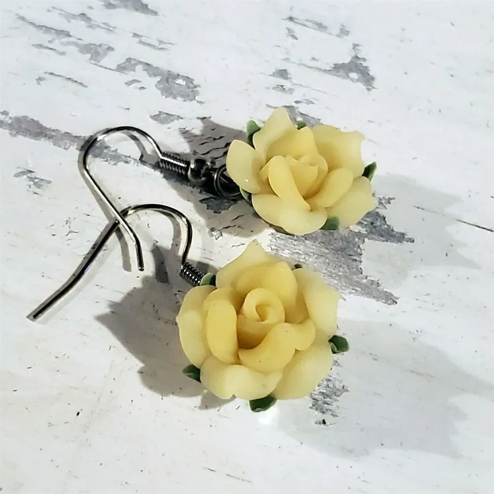 Hand Crafted Fimo Polymer Clay Yellow Rose Flower Bead Dangle Earrings
